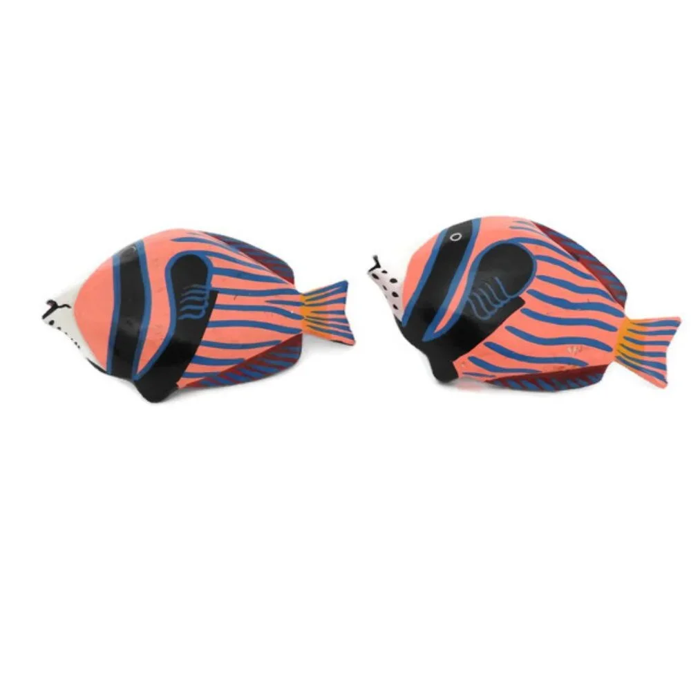 Large African Hand-Carved and Hand Painted Wood Pink Fish Napkin Rings Set of 2